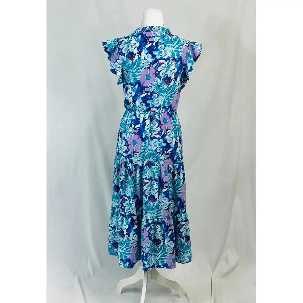 Pretty Garden Sz M Boutique Floral Ruffle Midi Dress Spring‎ Easter Cottage